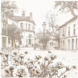 sepia photograph of old european town houses with a lamp post