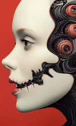 a white female with black hair and red eyes