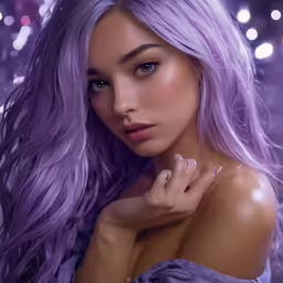beautiful blond woman with blue eyes and violet hair posing against a purple background