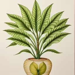 a picture of an exotic plant with leaves in a vase,the painting has green plants in it