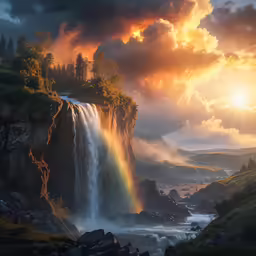 beautiful sunrise over a waterfall with a waterfall falling down