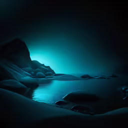 dark and mysterious landscape with glowing light up the night sky