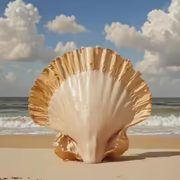 a giant shell is on a beach on the ocean shore