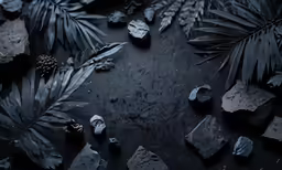 a bunch of rocks are arranged next to leaves