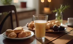 a table with pastries and a glass filled with milk