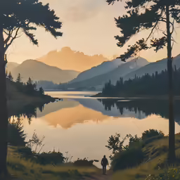 two people are walking down a path next to the lake