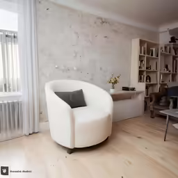 a living room with white chairs and wood flooring