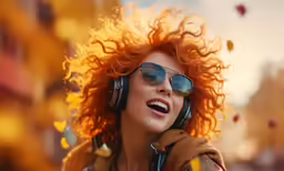 woman with red hair wearing headphones and walking in the street