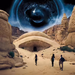 a couple of people are walking through the desert