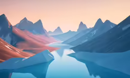 an abstract painting of mountains and water in snow