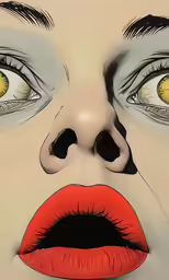 a drawing of a woman with big eyes and an orange lipstick