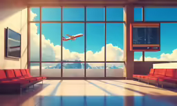 an airport scene with luggage carts and a plane flying through the air