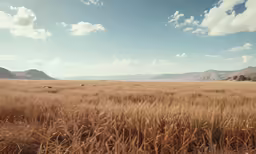 a field of ripened wheat with mountains in the distance
