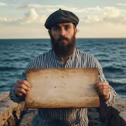 a man with a cap on holding a sign on a beach
