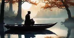 a man fishing while sitting in a small boat,man in rowboat on river at sunrise