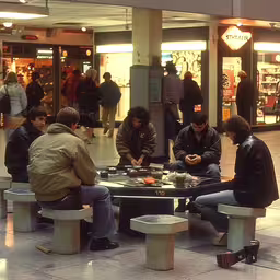 people sitting around a table and benches in a shopping center,a group of young men sitting around a table