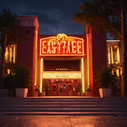 a theatre sign lit up with lights above,an empty theatre at night with lit signage