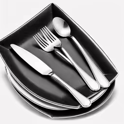 a black square plate with silverware on it