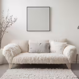 a white living room has a couch and rug