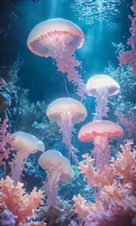 pink and white jellyfish floating in deep blue water