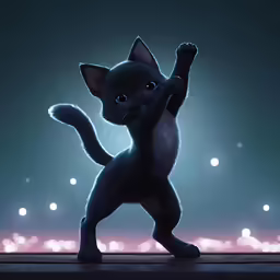 the cat is dancing in a dark room