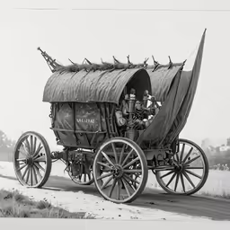 there is an old carriage with three people in it