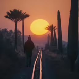 a lone man is walking down the railway through the desert