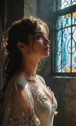 the woman with brown hair and in white shirt looks out of a window