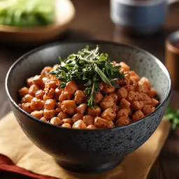 a bowl of food sitting on a table next to some chopsticks