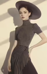 an asian woman standing on the floor wearing a hat and dress