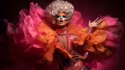 a woman in a costume standing on top of a pink background,a women in pink and orange is posing with her hands out