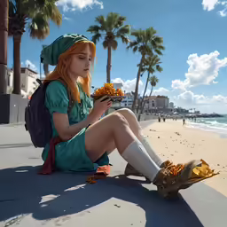 a beautiful young woman sitting on top of a beach holding a flower