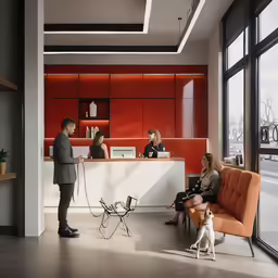 a group of people are in an office with an orange chair