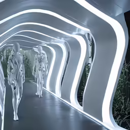 a futuristic building with white lights and lots of plants