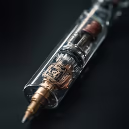 a glass tube with a gold emblem on it