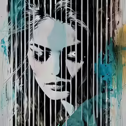 the woman is standing behind bars and painted on the wall