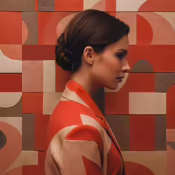 a woman in a red jacket looking back