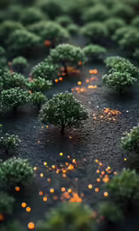 some green trees with yellow and red lights