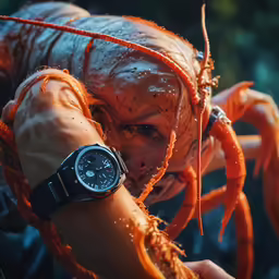 a man covered in plastic has an octopus head and watch on his hand