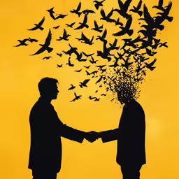 two people shaking hands over a flock of birds