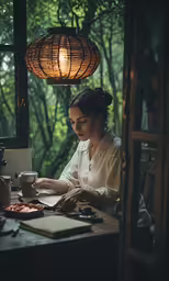woman sitting at a table working on some papers