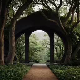 a couple of benches and trees on a path
