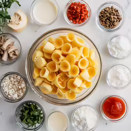 ingredients used to make pasta sit in individual bowls on a counter top