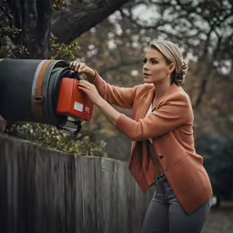 a woman looking at her purse on the side of a fence