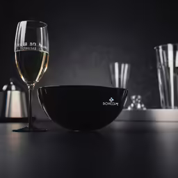a glass of wine with a plate on the table