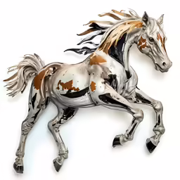 a silver, brown and black horse statue is shown
