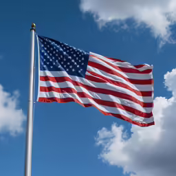 the american flag is waving against a bright blue sky