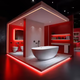 a bathroom with a white tub and bright red walls