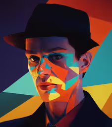 a close up of a person with a hat and colorful triangles in the background,this is an artistic painting of a man with a hat