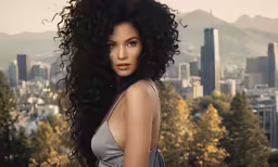 a woman standing in front of a city skyline